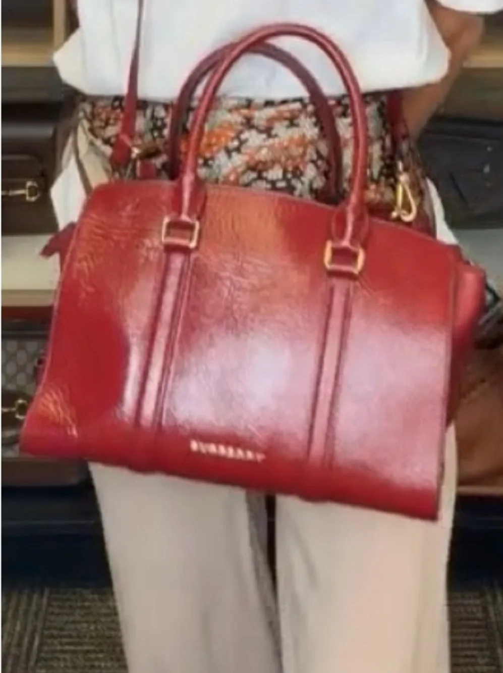 Burberry Burgundy Leather Satchel with Gold Hardware